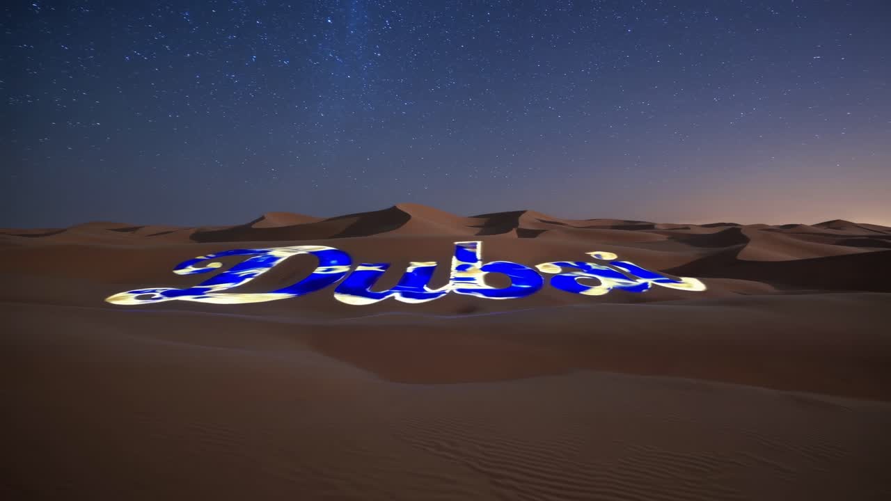 Projection mapping illuminating Dubai lettering on desert dunes by night under starry sky creates unique and evocative landscape in United Arab Emirates