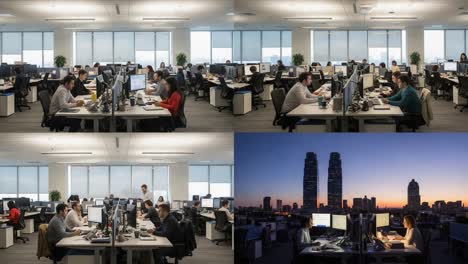 a dynamic office transition: from daylight to nighttime as professionals engage in collaborative work in a modern workspace environment