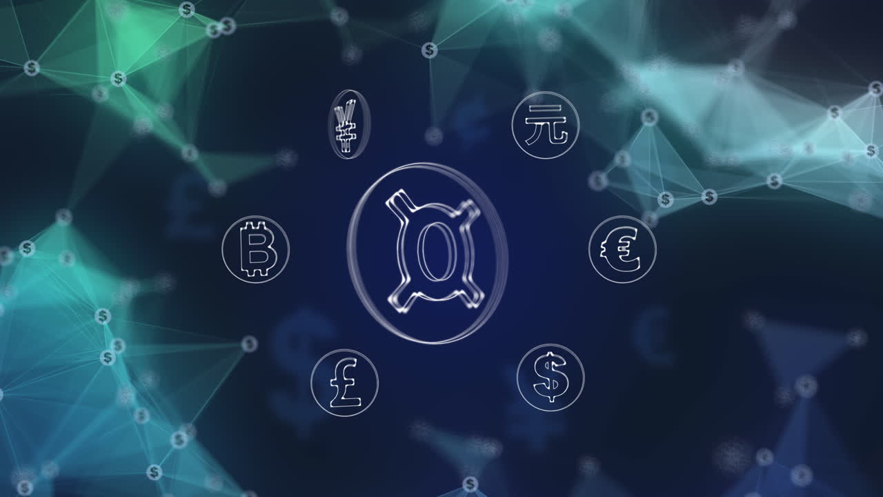 Rotating symbols of the world's popular money on an abstract blue background with lines. International currency symbol in the center.