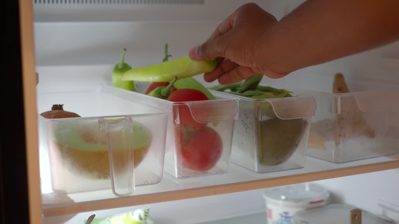persona alcanzando en un refrigerador para obtener verduras