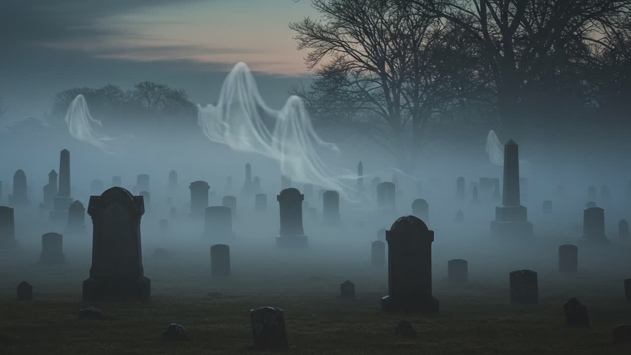 Eerie Spirits Haunt the Foggy Graveyard, Revealing Ghostly Figures Amidst Tombstones in an Atmospheric and Haunting Scene