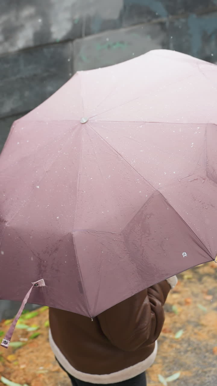 Lady holding umbrella over her head, wearing knit cap, brown shearling jacket, black trousers, walking in snowfall with colorful autumn leaves scattered on ground, outdoors in urban setting