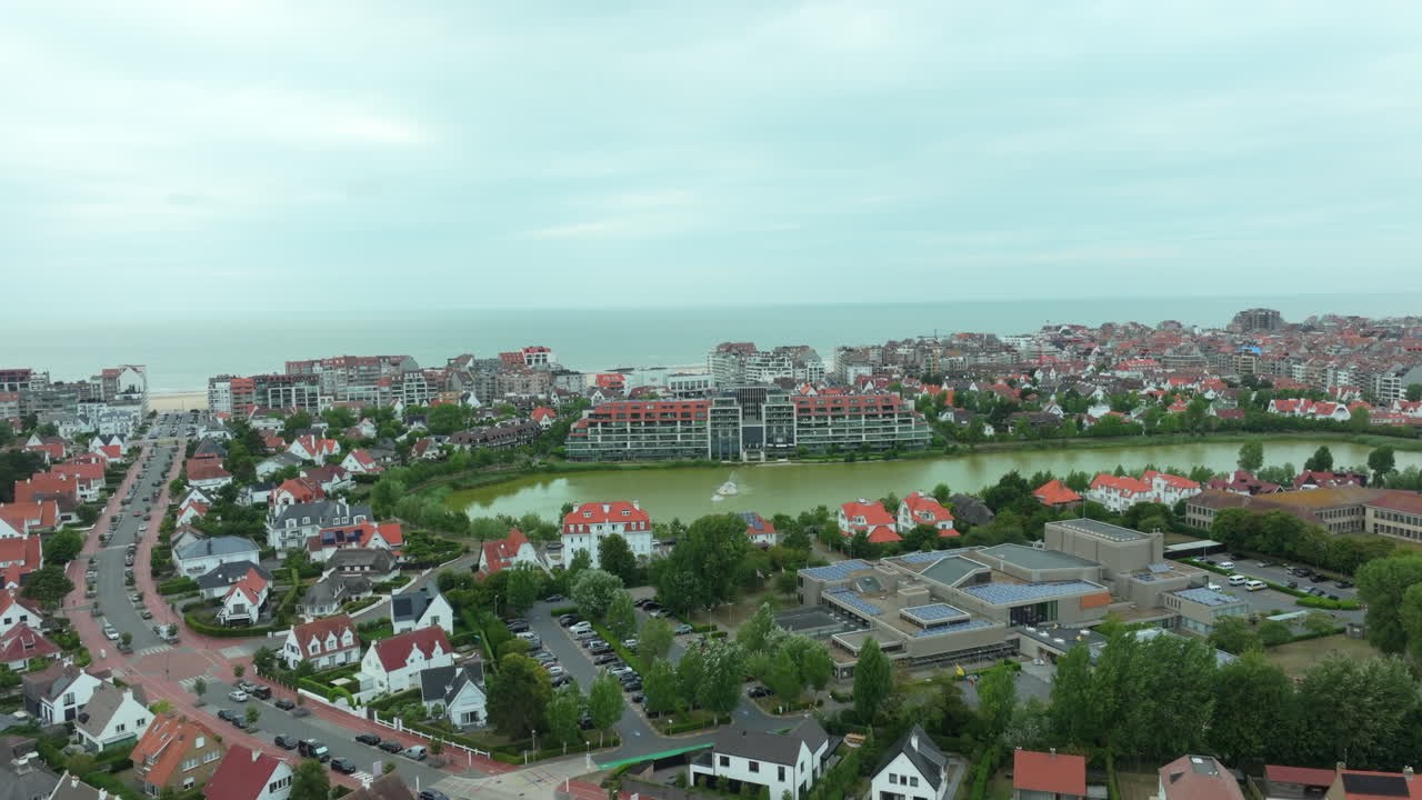 La Reserve Resort in Knokke, beach in background, Belgium. Aerial backwards