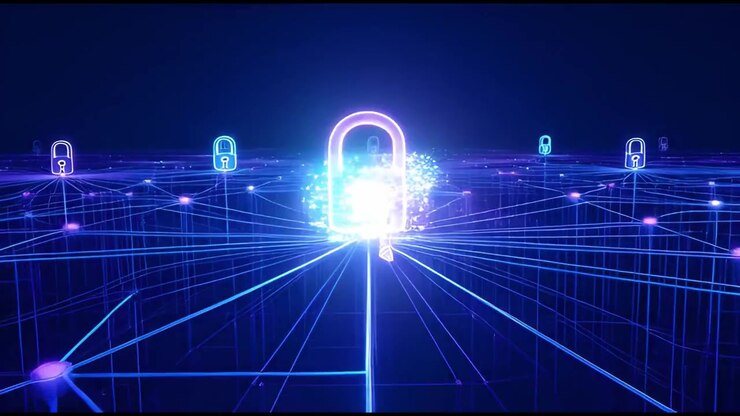 Cybersecurity Concept with Glowing Locks and Keys in a Digital Grid