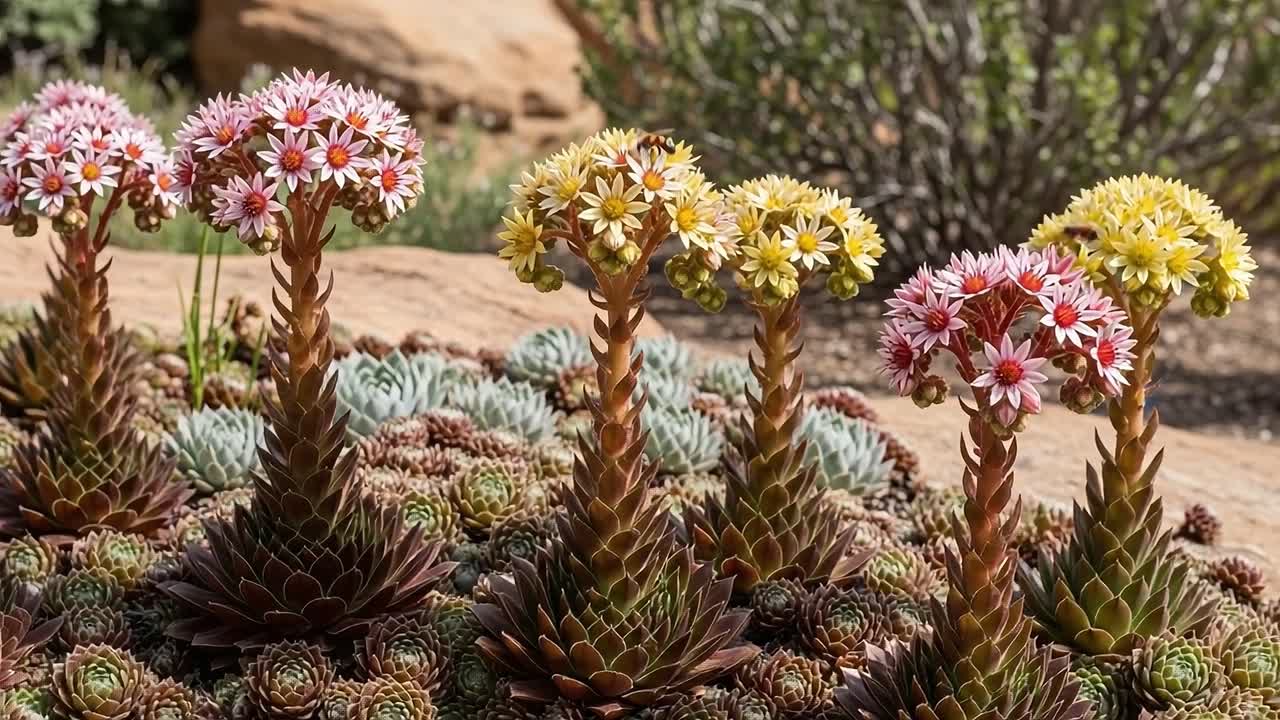A Vibrant Display of Succulent Plants in Bloom with Colorful Flowers Standing Tall Amidst Varied Greenery at a Beautiful Desert Garden