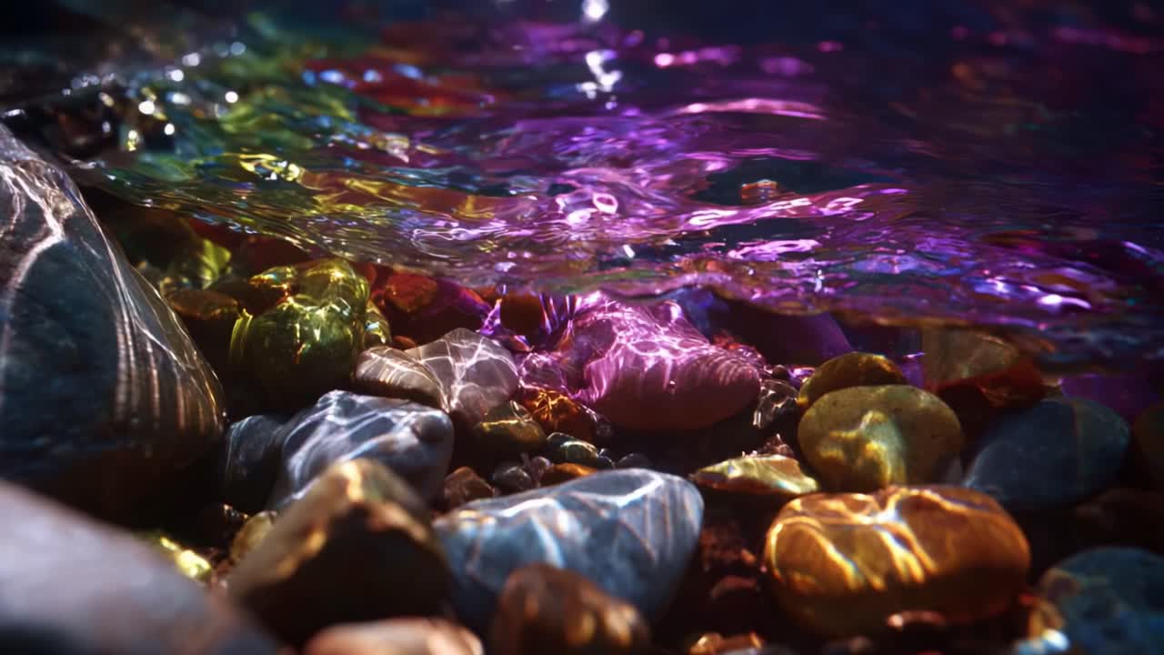 Scena subacquea che cattura colori vibranti e riflessi di luce sulle pietre sotto la superficie di acqua cristallina con ciottoli e conchiglie colorate