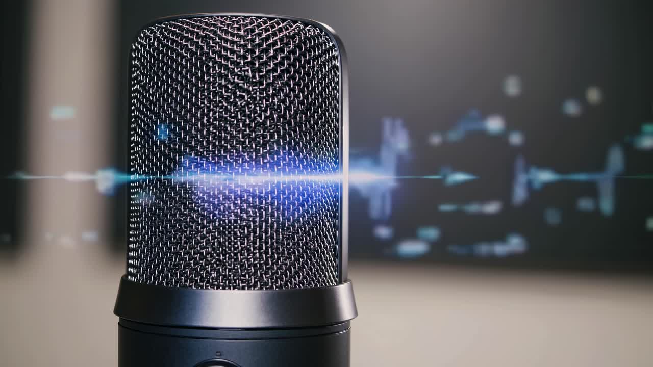 Close-up of a microphone with a blurred background, shot from a low angle