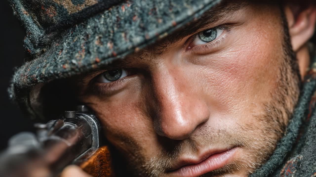 Intenst nærbillede af en soldat med en riffel, der fremhæver fokuseret beslutsomhed og kampberedskab i et dramatisk portræt af krigsførelse
