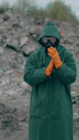 portrait of a human in hazmat suit and respirator. man in a protective suit and gas mask on the background of destroyed place. vertical video