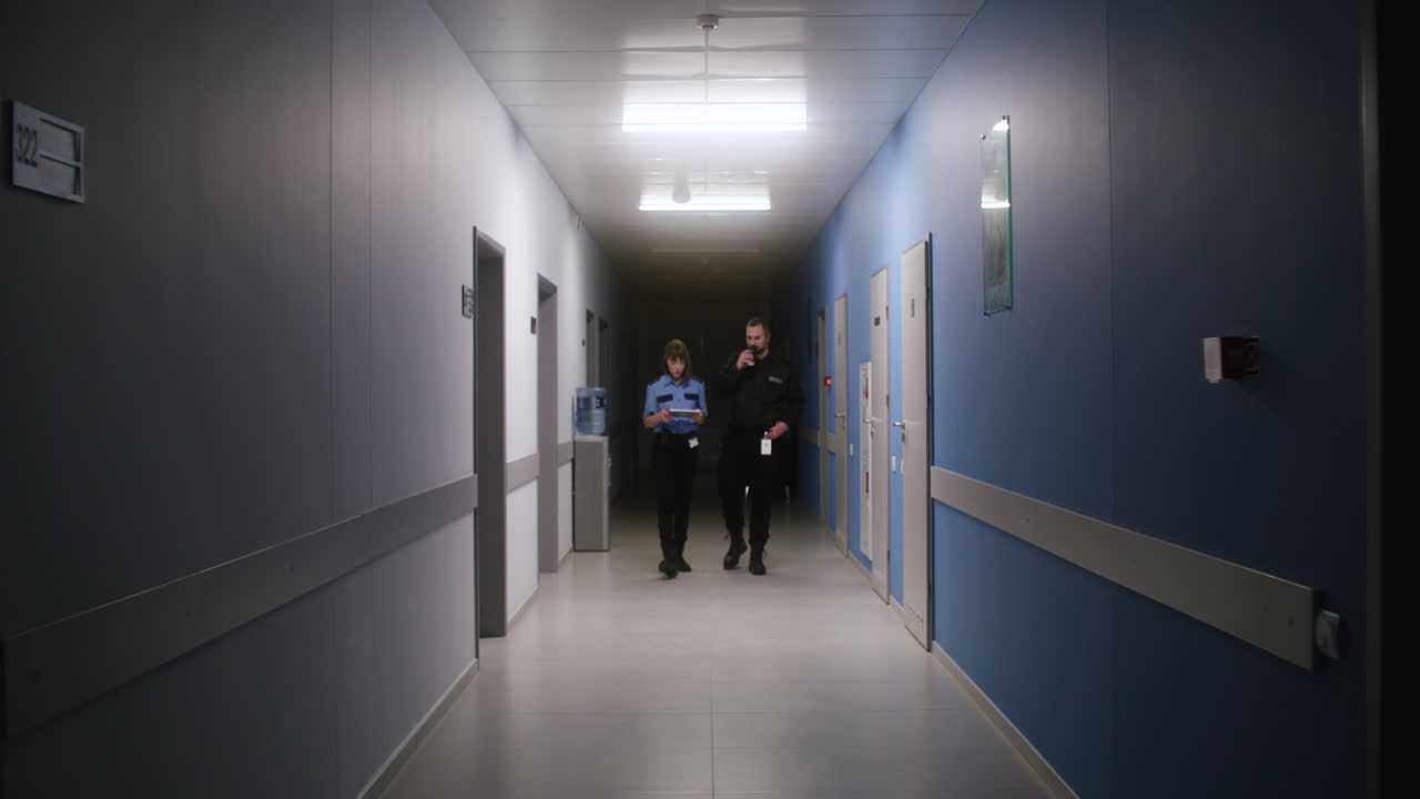 equipo uniformado trabajando en el pasillo.