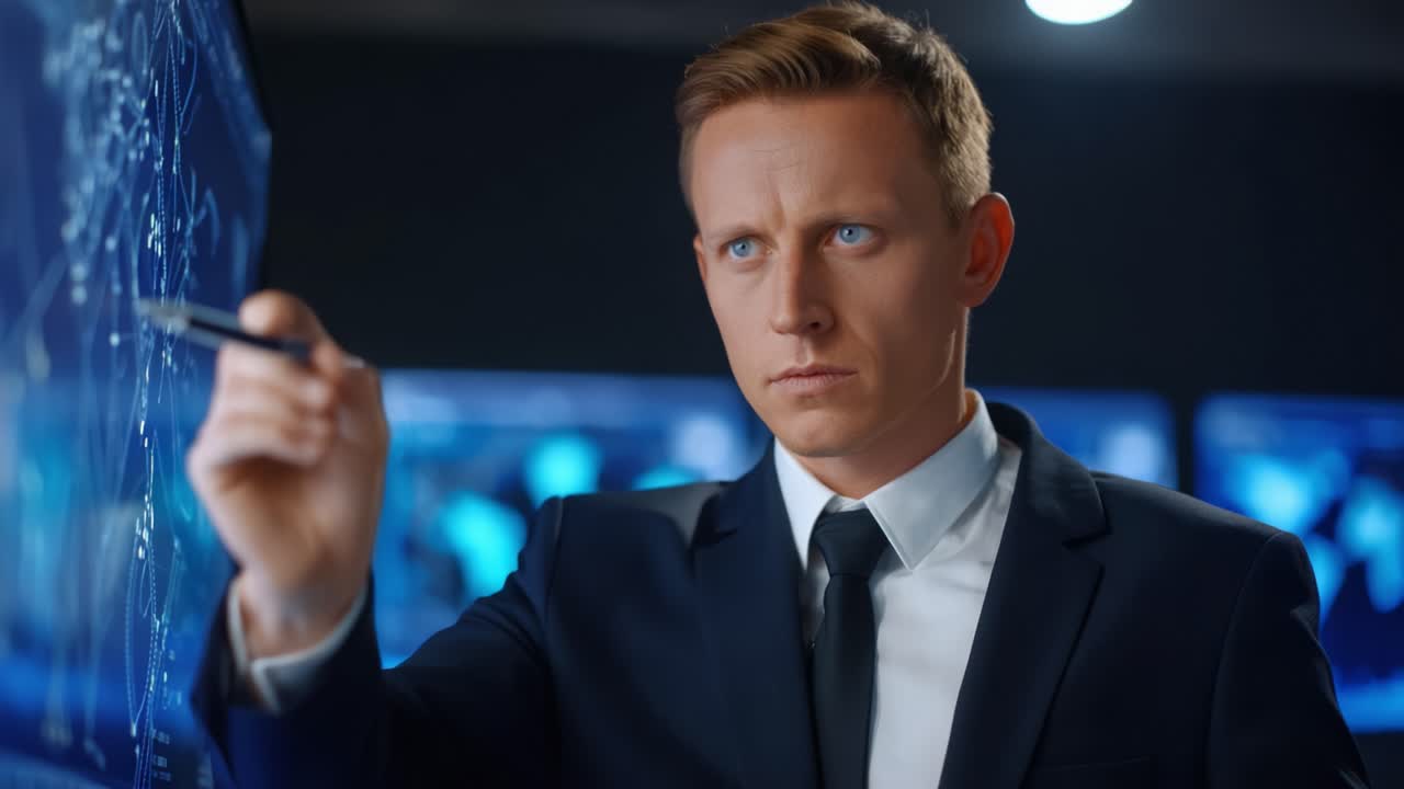 Professional Analyst Analyzing Data Visualization on Digital Screen in a Dark Control Room, Focused on Details and Making Strategic Decisions