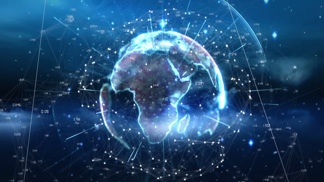 animazione di punti collegati con numeri attorno a un globo rotante contro lo spazio