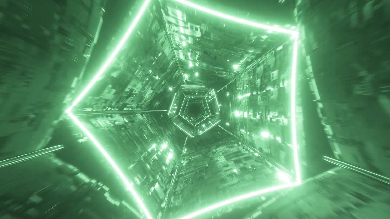 vuelo sin fin en un túnel de neón digital tecnológico futurista en el espacio. iluminación verde. bucle sin costuras 3d render