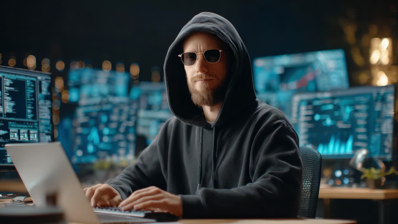A Focused Individual in a Hooded Sweatshirt and Sunglasses Analyzing Data in a High-Tech Workspace Surrounded by Digital Screens Displaying Complex Information