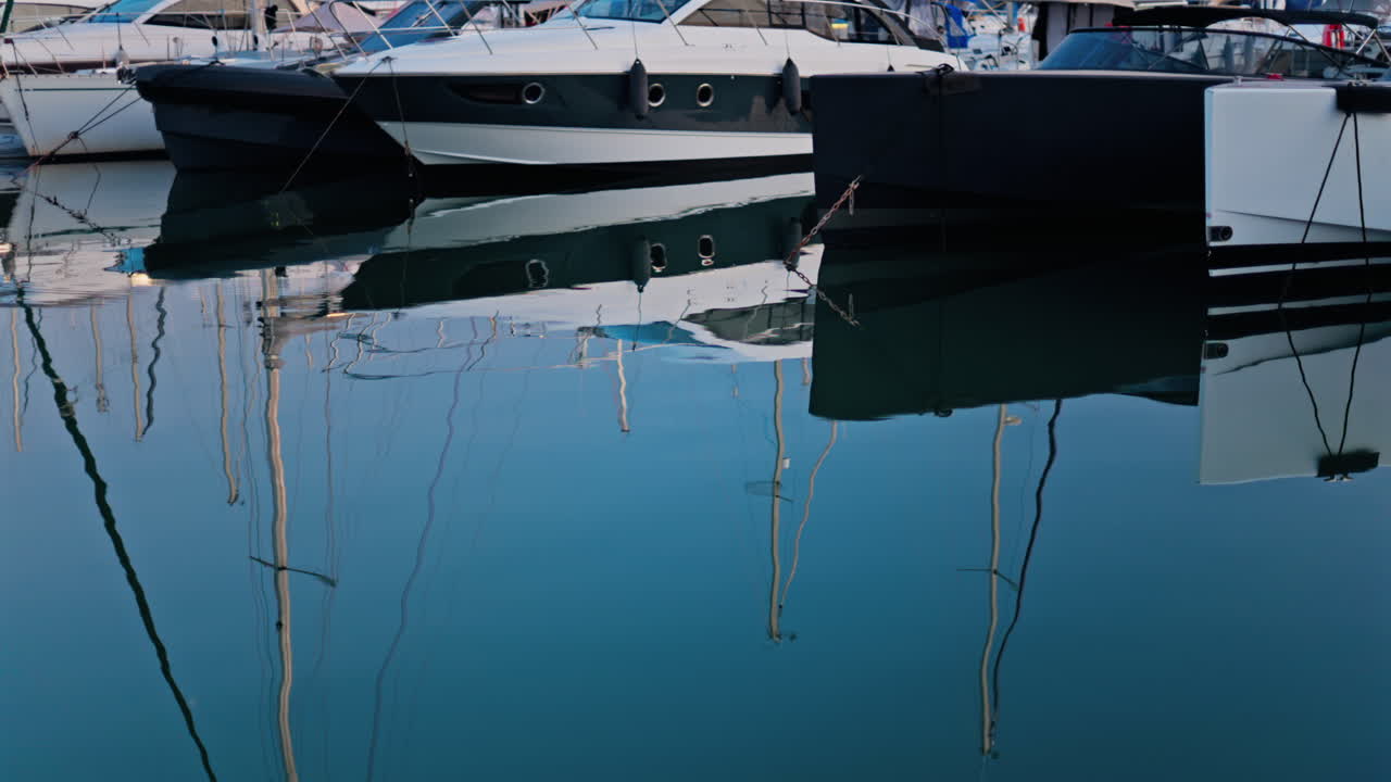 Reflections on the sea of white boats docked in the Port Vauban in the evening in Antibes, France