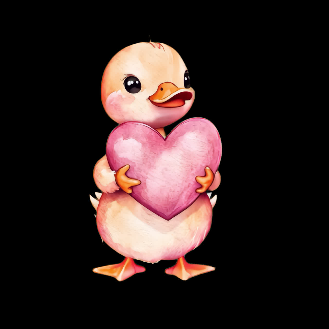 Cute duck holding heart animation isolated asset, transparent 4K video, alpha channel, ProRes 4444