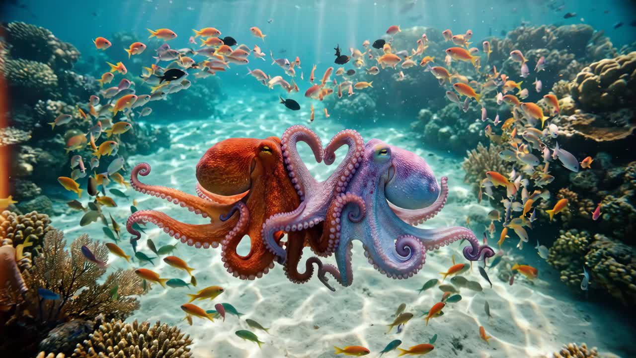 Due polpi formano un cuore in una vivace barriera corallina