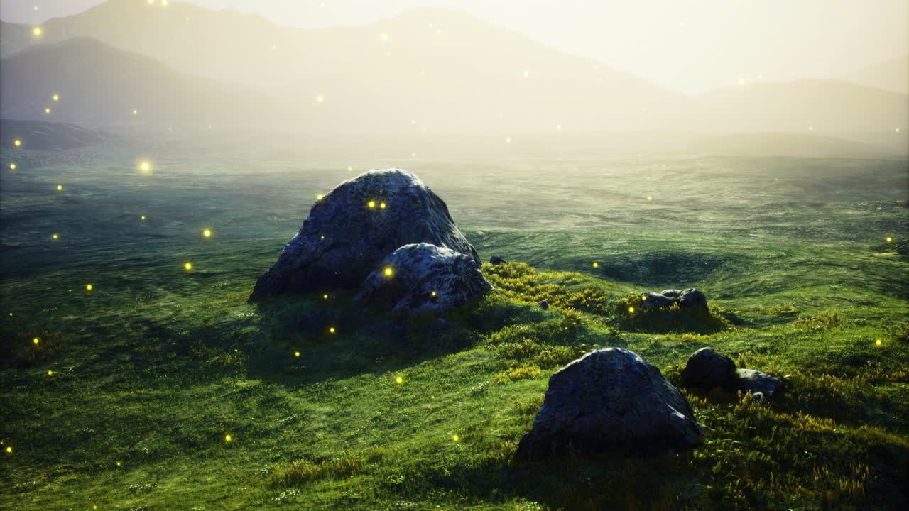 Golden lights sparkle over tranquil rocks in a serene landscape at dusk