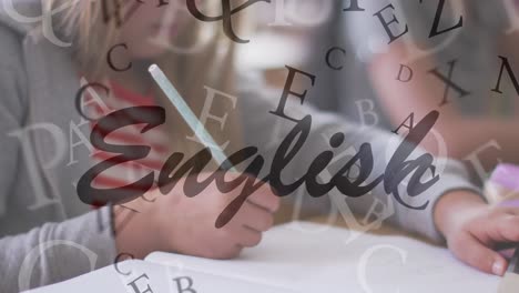 animation of english text and letters over schoolgirl