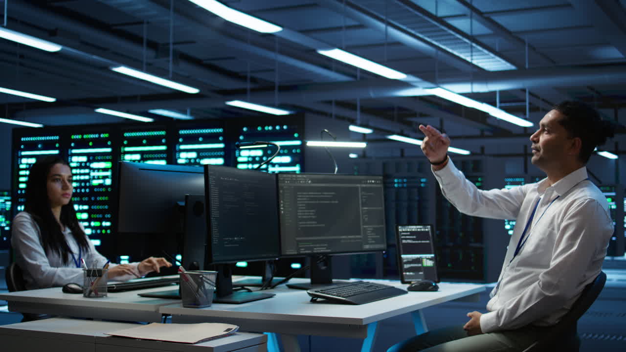 Server room worker looking at AR visualization hologram