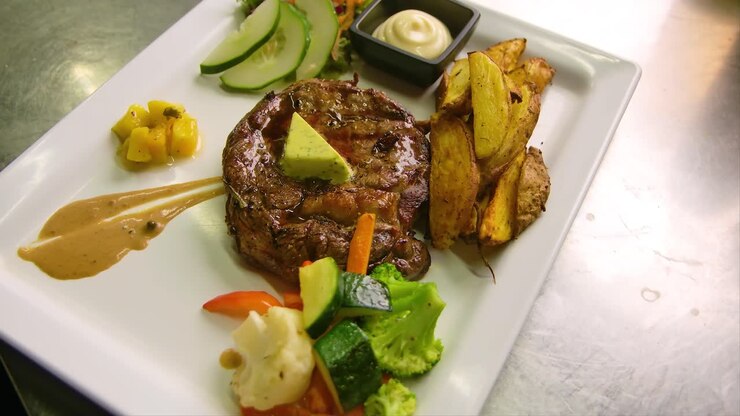 Vista cenital de un plato con filete, verduras a la parrilla y patatas