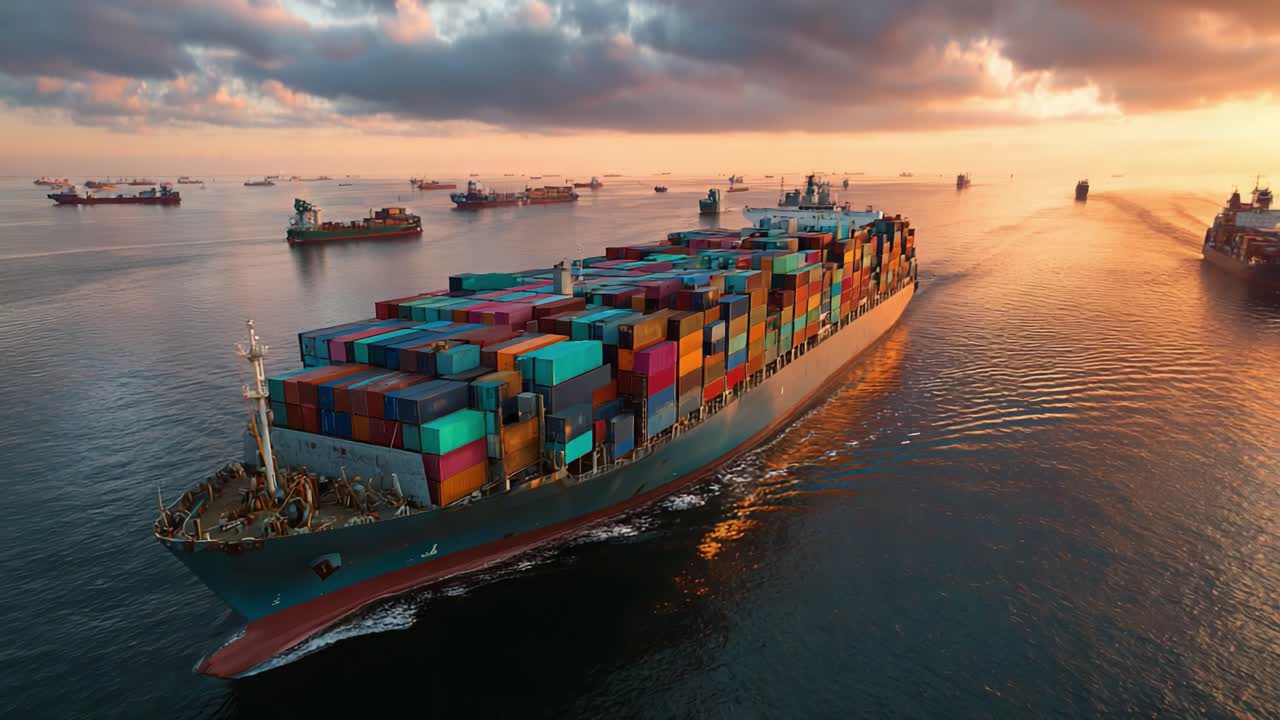 A Majestic Container Ship Navigates Through Calm Waters During Sunset, Surrounded by Other Vessels, Capturing the Essence of Global Trade and Maritime Adventure