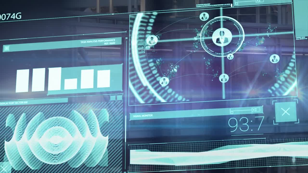 animación del procesamiento de datos sobre personas de negocios caminando
