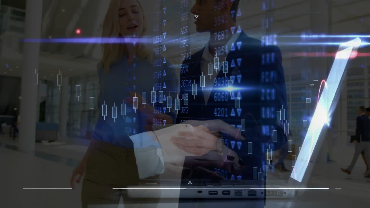 Business professionals discussing over financial data charts and graphs animation