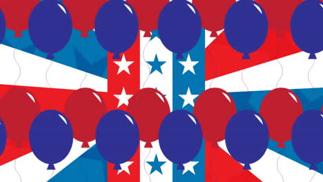 animación de globos rojos y azules sobre la bandera estadounidense