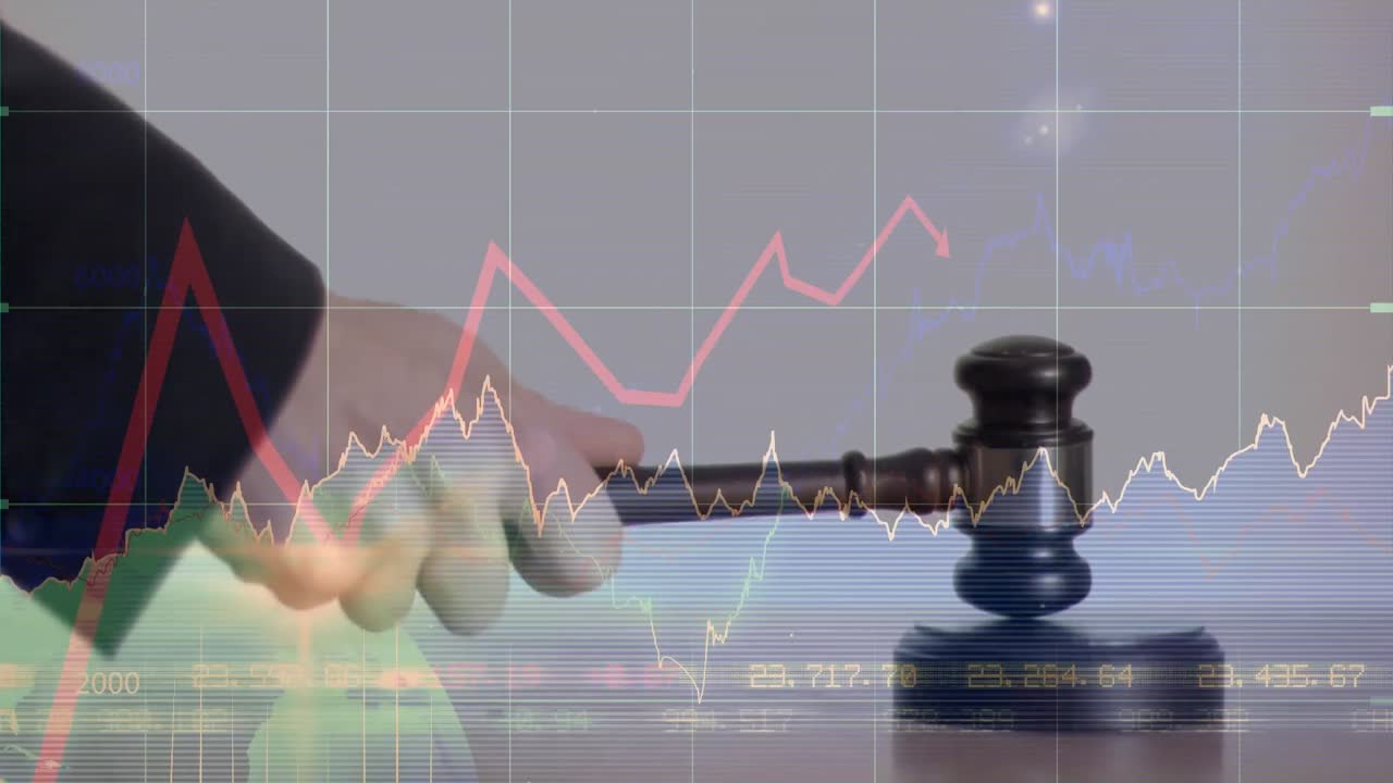Animation of statistics and financial data processing over auctioneer's hammer