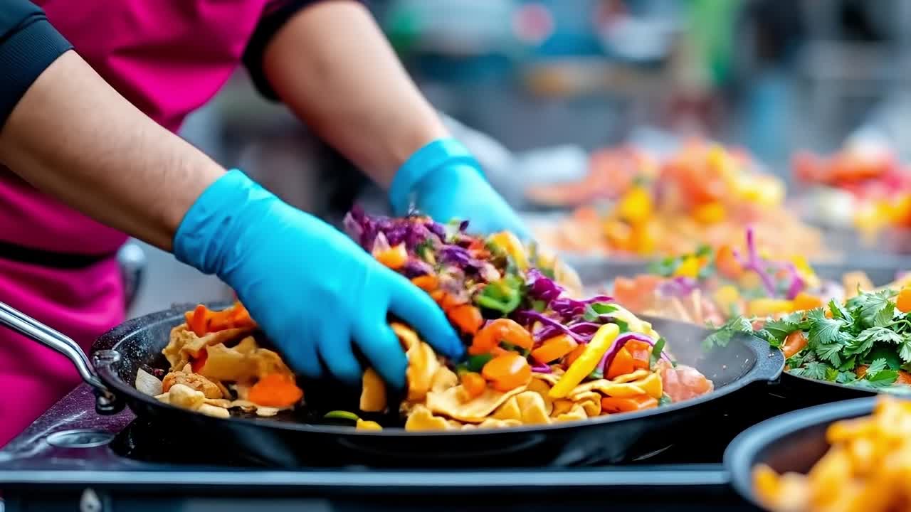 A person in blue gloves preparing food in a pan on a table