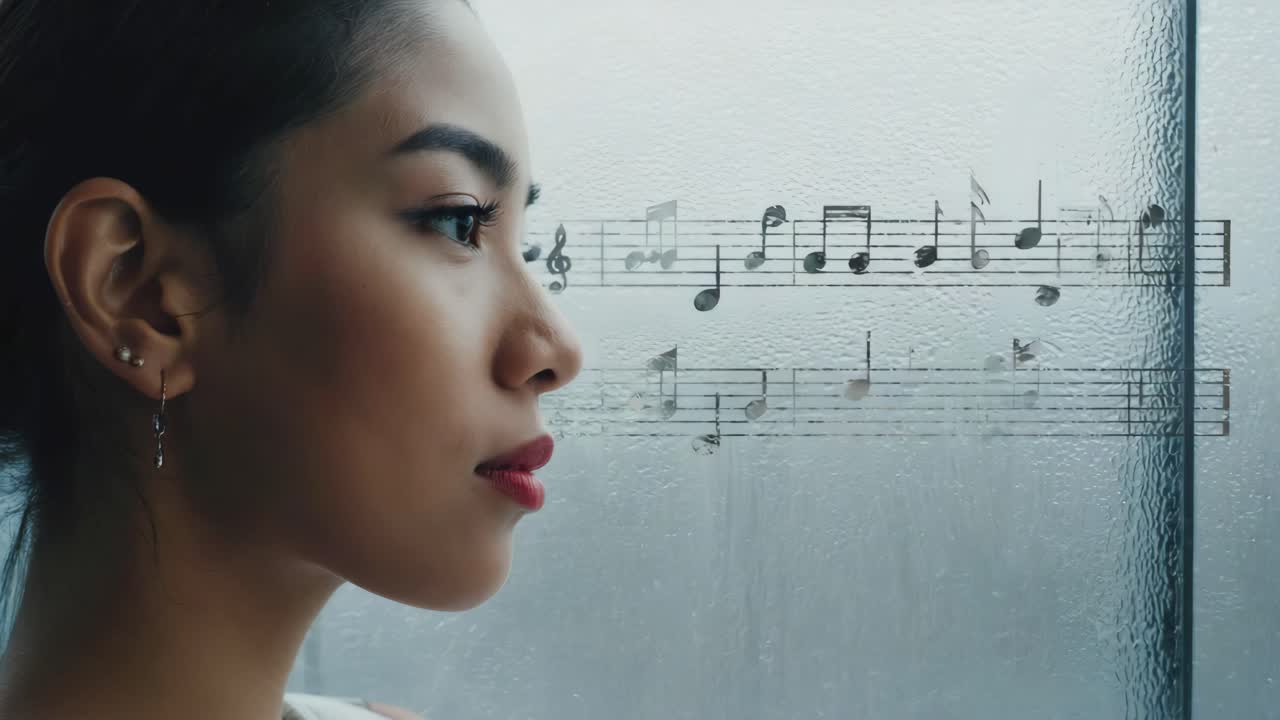 A woman listening to music by a window