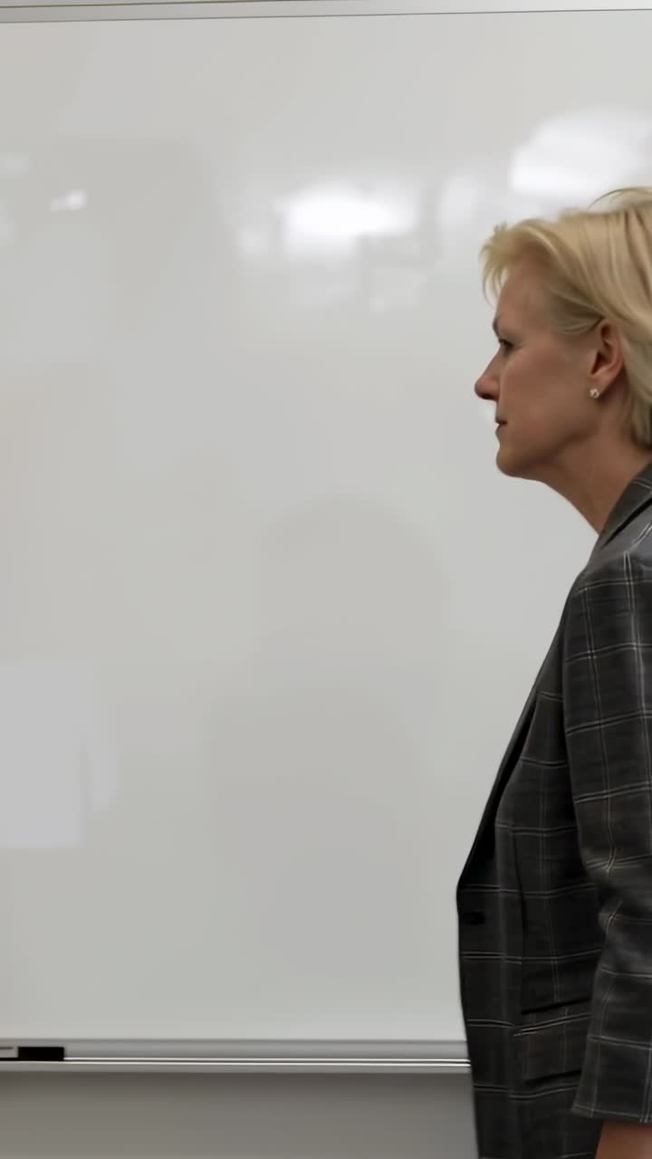 Vertical video: Entering left, two staff walking to whiteboard in navy and plaid coats, copy space