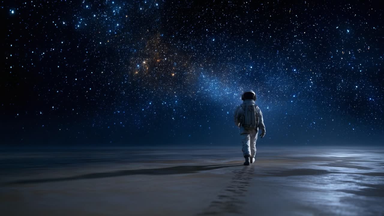 Astronauta eksplorujący nieskończony kosmos: samotna podróż przez gwiazdy i galaktyczne cuda pod rozgwieżdżonym niebem w odległym środowisku.