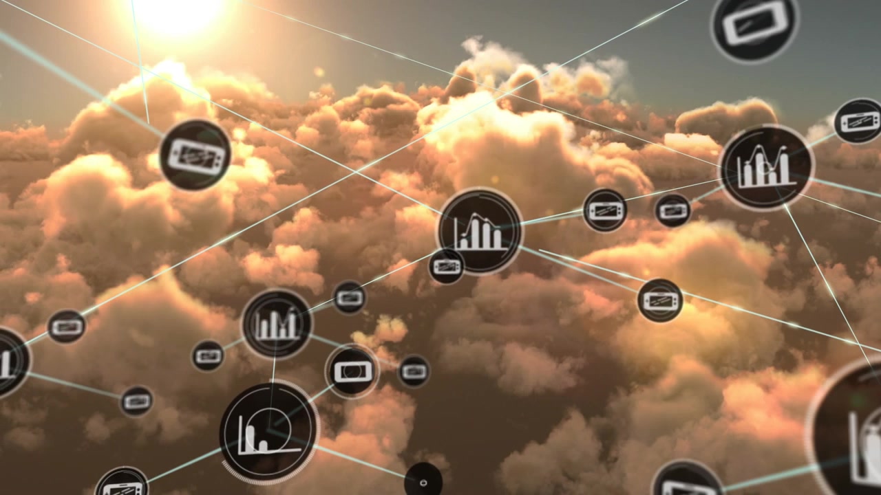 Animazione di una rete di connessioni su nuvole nel cielo.
