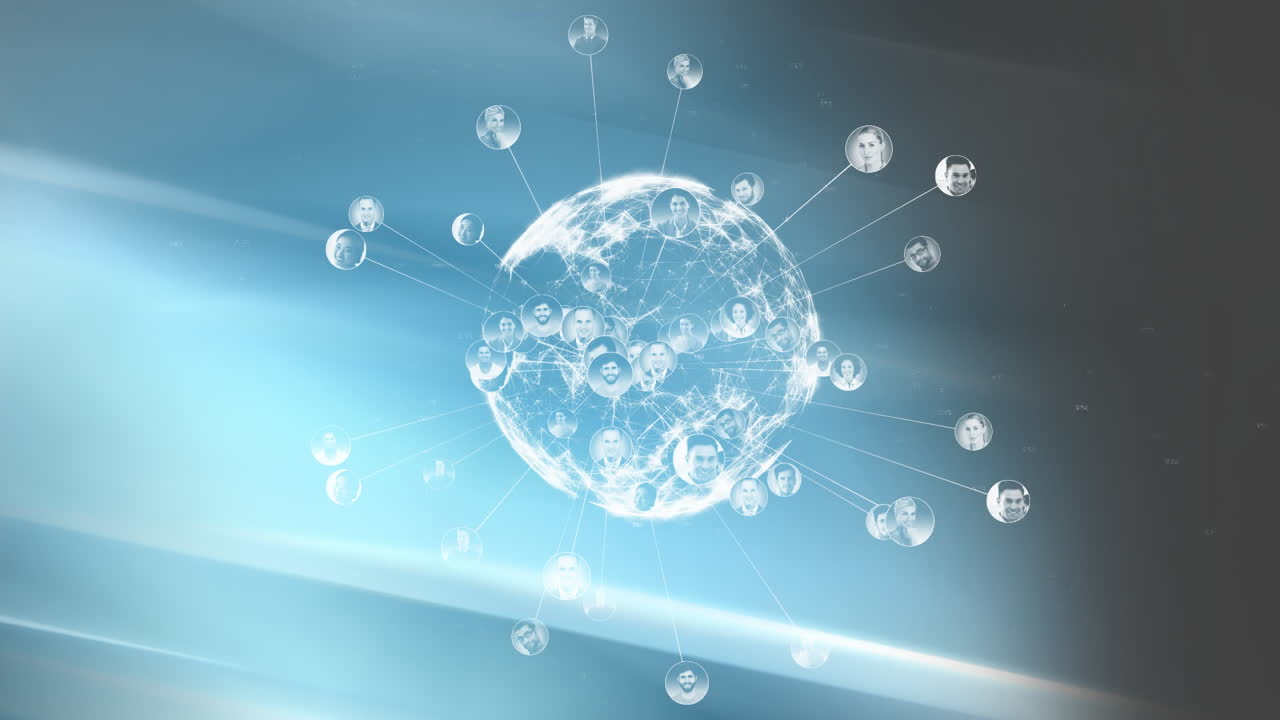 원형 노드에서 다양한 사람들의 얼굴을 통해 글로벌 네트워크 연결을 애니메이션합니다.