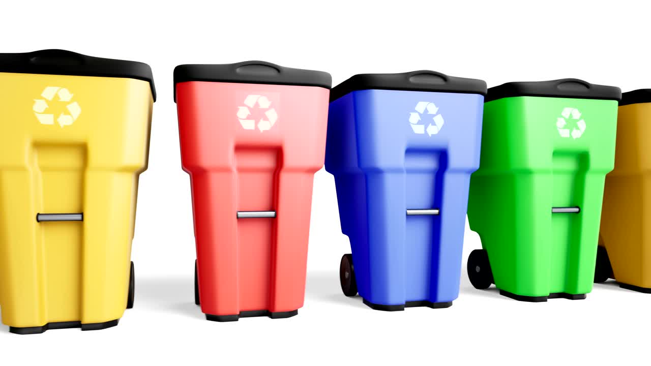 contenedores de basura de plástico azules, verdes, amarillos y rojos colocados en fila.