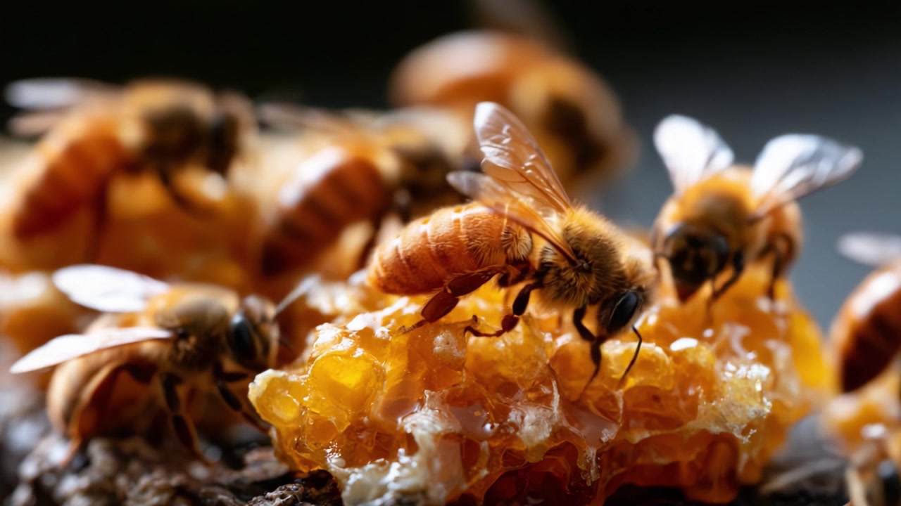 Una vista ravvicinata di api che raccolgono miele dal loro alveare, mostrando gli impressionanti impollinatori della natura impegnati nel loro ruolo vitale per la funzionalità dell'ecosistema.