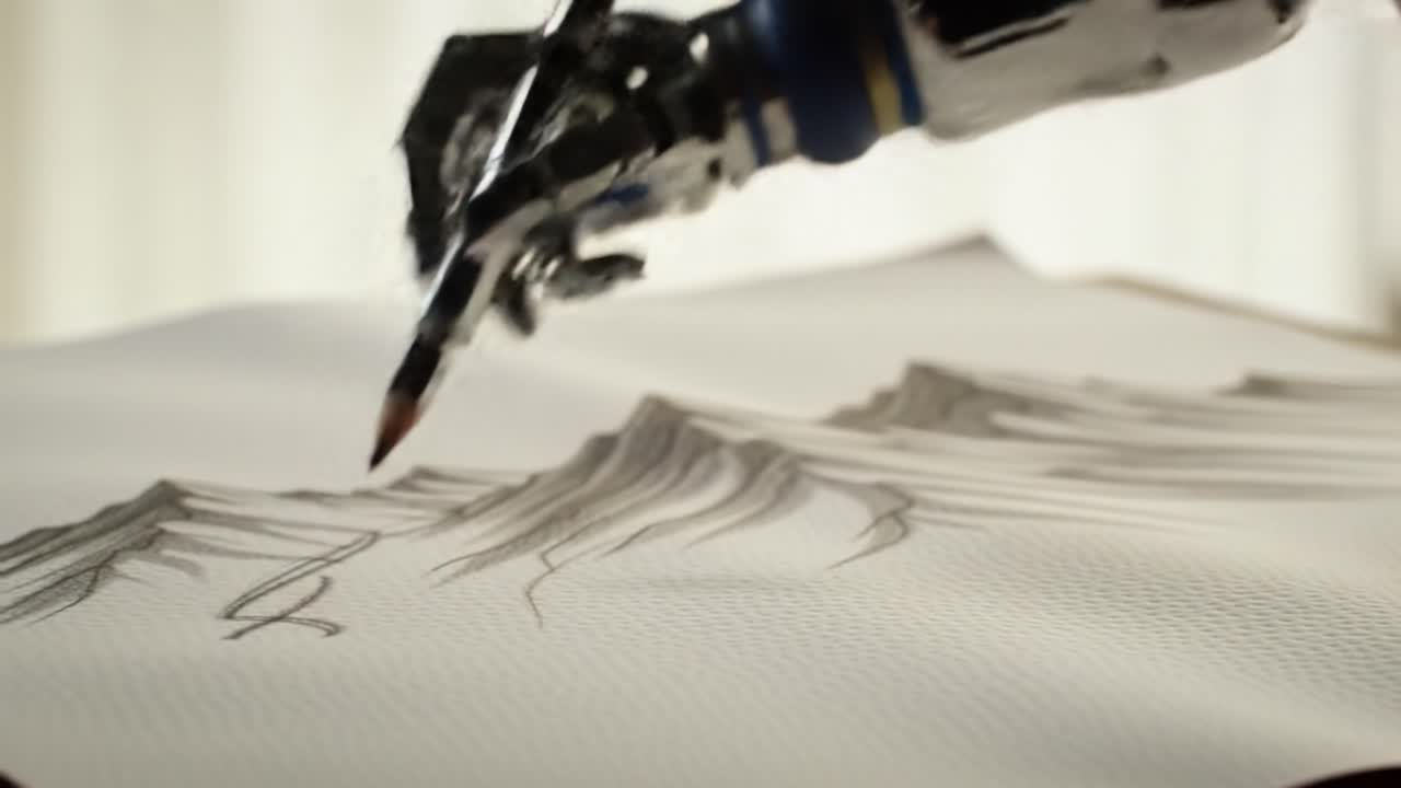 A Robotic Hand Skillfully Sketches Intricate Mountain Landscapes with Precise Detail, Showcasing the Intersection of Art and Technology in Captivating Fashion