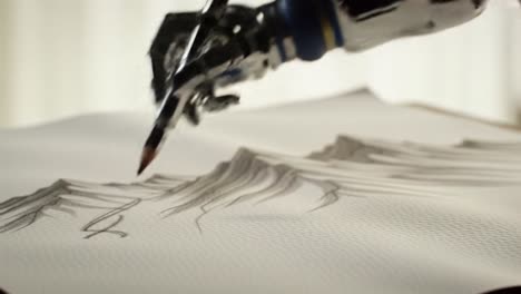 a robotic hand skillfully sketches intricate mountain landscapes with precise detail, showcasing the intersection of art and technology in captivating fashion