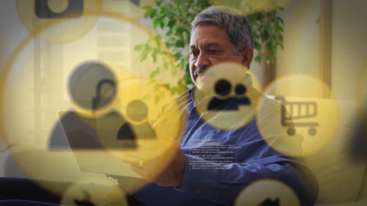 animación de una red de conexiones con iconos sobre un hombre biracial usando una tableta