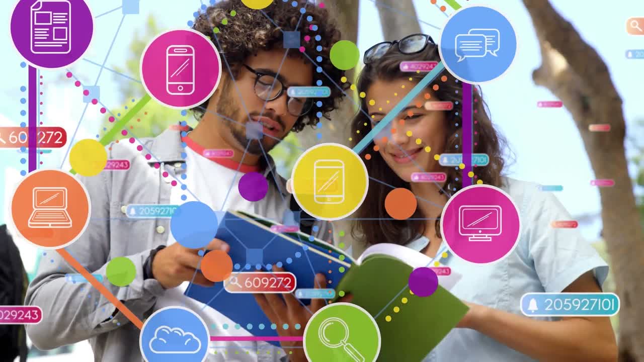 animación de la red de conexiones con iconos sobre dos personas diversas.