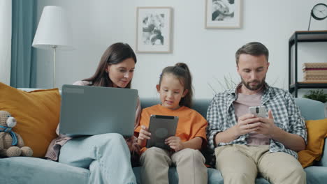 family using digital devices at home
