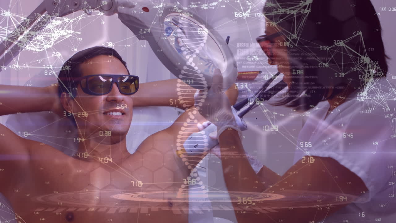 animación de fórmulas químicas sobre diversos pacientes varones y doctores durante el tratamiento con láser