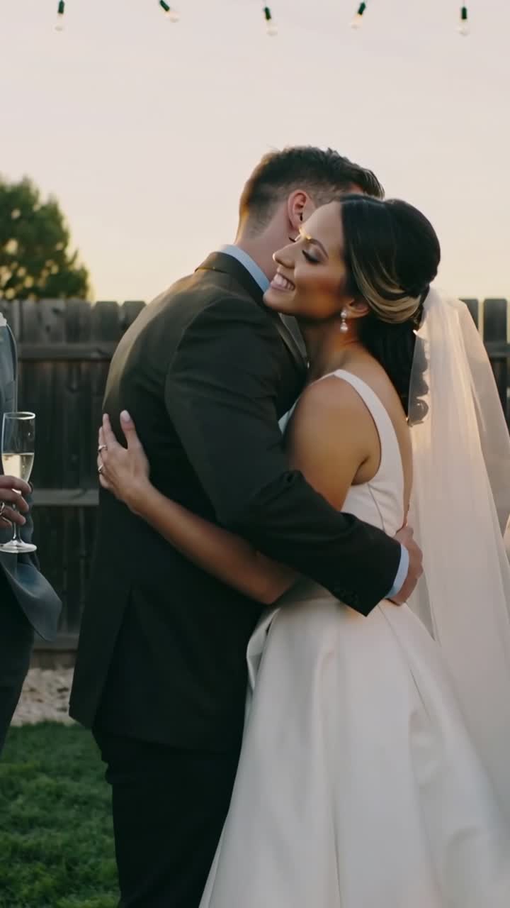 Video vertical: Novios tomados de la mano, la novia con vestido y velo, el novio con traje, abrazándose en una boda en el patio trasero, con copas de champán.