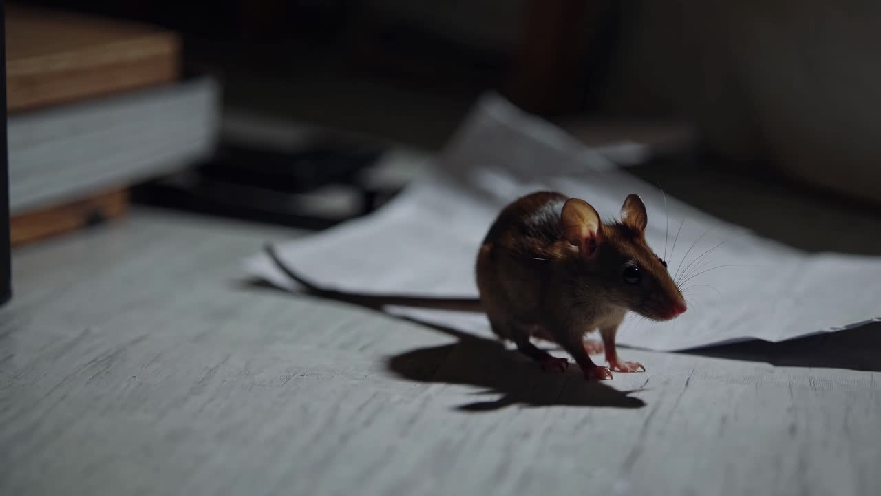 Low-angle video shot of a mouse on papers, casting a shadow