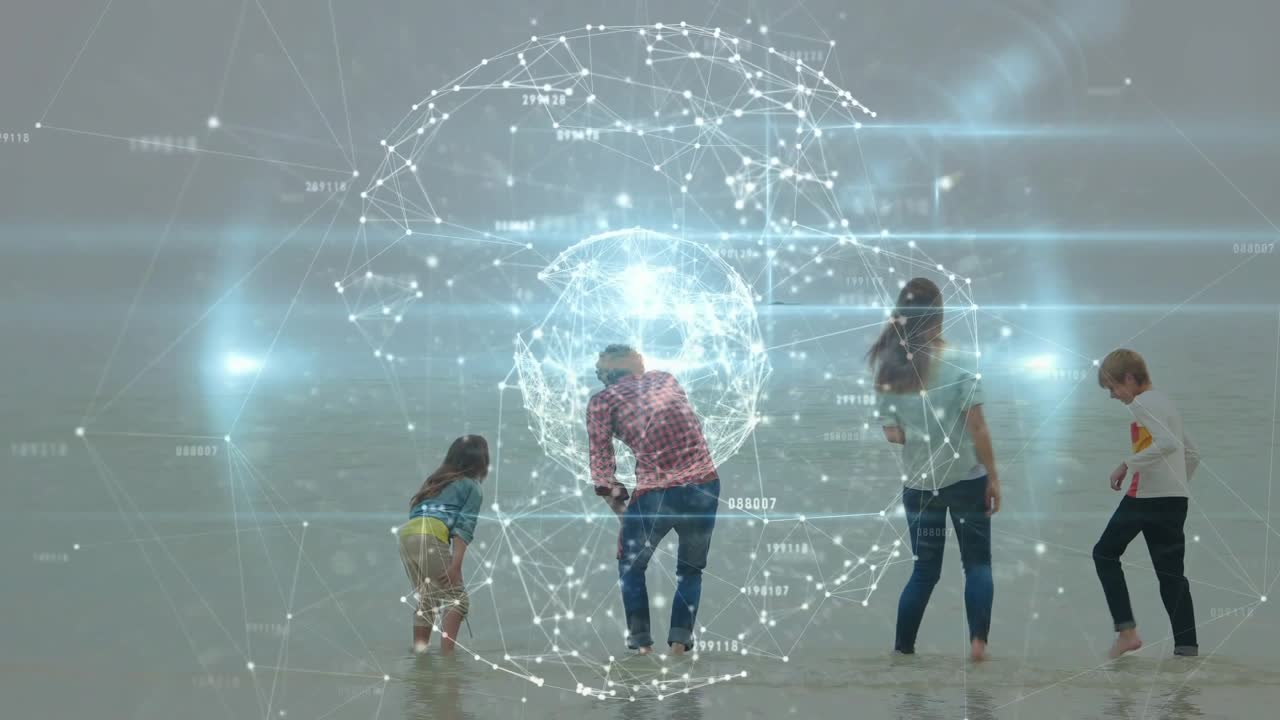 Family walking into surf after globe appearing between them, mother holding phone, exploring tech