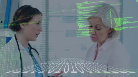 animation of data processing over female patient and female doctor using tablet