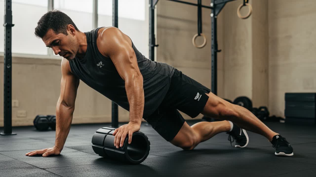 Fitness Routine: A Dedicated Individual Engaging in Foam Rolling for Muscle Recovery and Flexibility Enhancement in a Modern Gym Environment