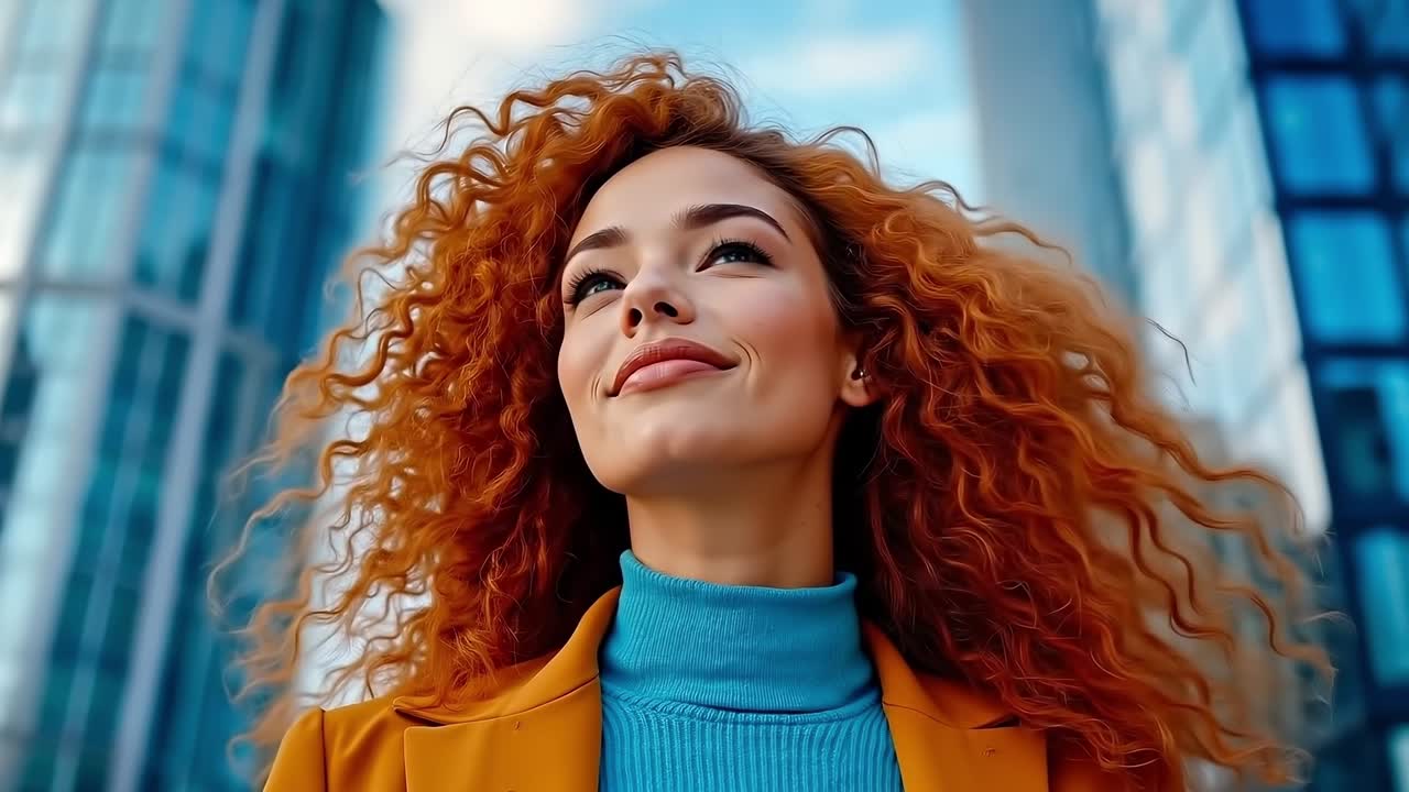 A woman with long red curly hair looking up at the sky
